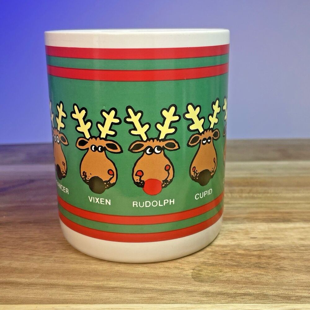VTG 1986 Santa Reindeer Face Names Christmas Holiday Whimsical Houston Foods mug